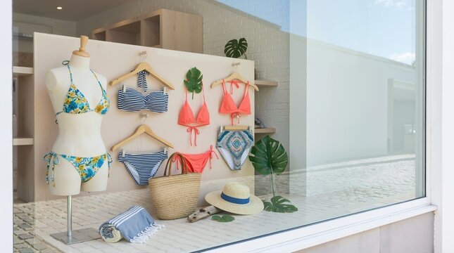 Boutique window display with summer bikinis and beach accessories. Swimwear collection on a mannequin and hangers in a retail store