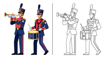 Marching Band Musicians: Trumpet Player and Drummer in Uniforms, Color and Outline Versions © Pemancing