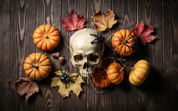 Halloween still life with skull and pumpkins