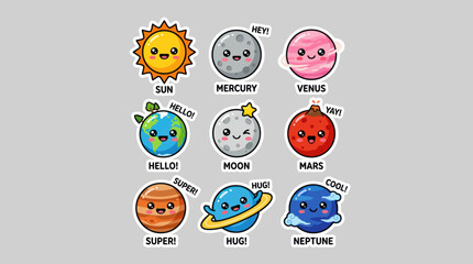 Cute planets and sun cartoon characters © PajeroFortuna