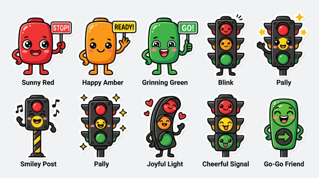 Cute traffic light characters with signals