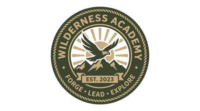 A majestic eagle soars over mountains with sun rays in a circular Wilderness Academy logo.