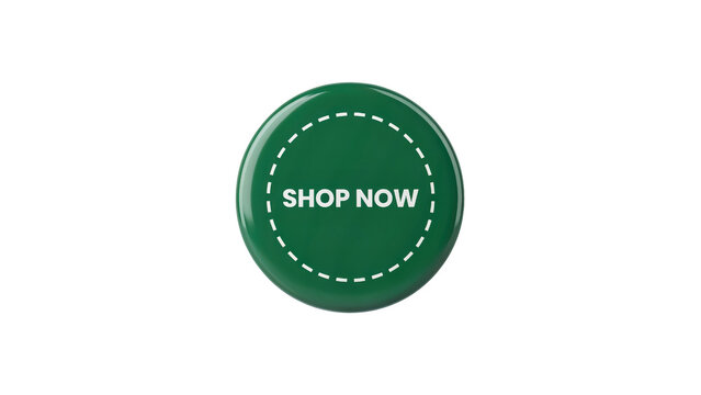 Glossy green circular shop now button featuring a dashed white border and modern clean typography design elements rendered in high quality style on transparent background