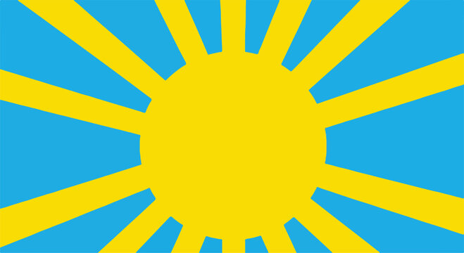 A stylized sunburst design with yellow rays on blue background