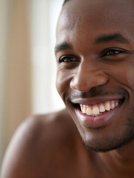 A close-up portrait of a smiling man showcasing his bright teeth and joyful expression. Happiness and positivity.