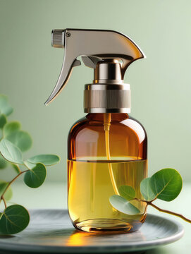 Amber glass spray bottle filled with liquid, placed on a plate with green leaves. Ideal for beauty or cleaning product presentations.