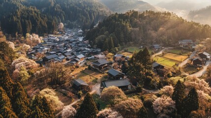 Obraz premium Aerial view of a traditional japanese village nestled in a valley surrounded by lush green mountains and blooming trees