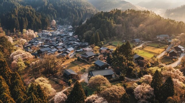 Aerial view of a traditional japanese village nestled in a valley surrounded by lush green mountains and blooming trees