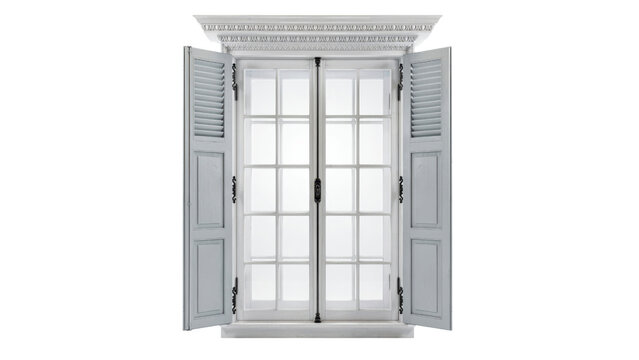 Elegant white wooden window frame with decorative molding and open shutters featuring classic grid glass panels captured in bright natural daylight isolated on transparent background