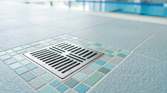 Metal drain grate on a tiled swimming pool floor. Square stainless steel drainage grate with blue mosaic tiles