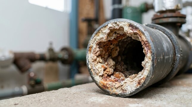 Close up of heavy mineral scale and rust buildup inside a metal pipe. Clogged plumbing pipe section with calcium deposits. Hard water damage concept