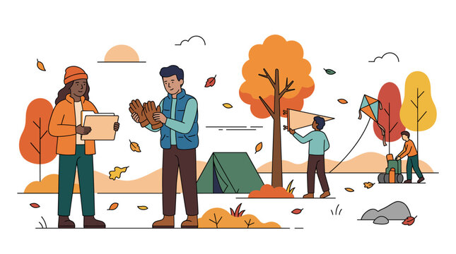People enjoying autumn outdoor activities illustration