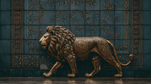 ishtar. Glazed brick relief of a lion against lapis lazuli blue background with gold accents, intricate patterns. event programs.