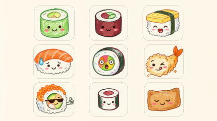 Cute sushi and food icons with faces © Verilux