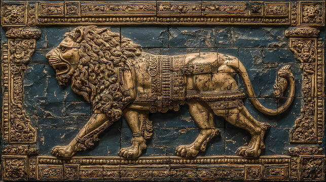 ishtar. Glazed brick relief of a lion against lapis lazuli blue background with gold accents, intricate patterns. event programs.