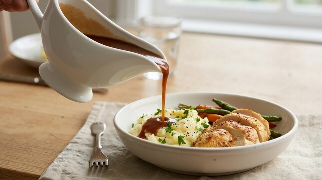 Pouring brown gravy from a white ceramic boat onto mashed potatoes. Roasted chicken breast with vegetables in a bowl. Delicious homemade dinner