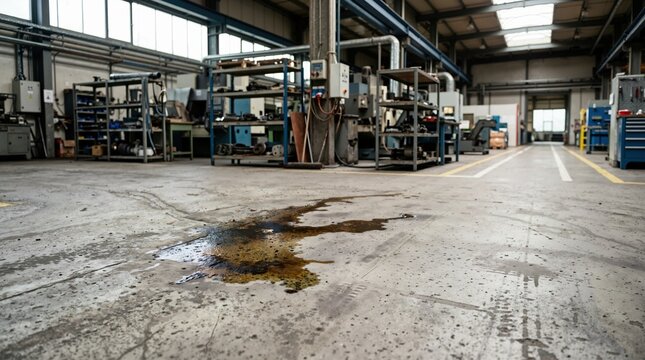 Dark oil stain spilled on a concrete floor in a factory. Industrial leak and hazard on a workshop floor. Mechanical maintenance and workplace safety concept