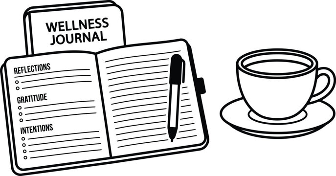 Wellness journal notebook with pen and a cup of coffee