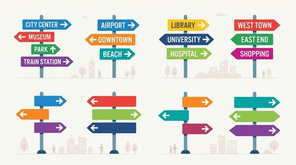 Fototapeta premium Colorful Street Directional Sign Post Set for City Navigation and Information