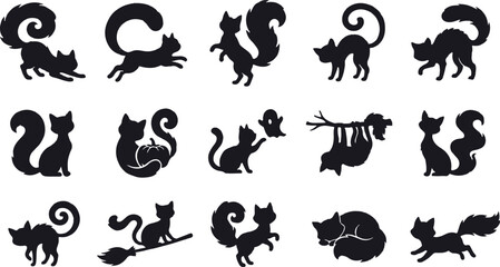 Obraz premium Set of halloween black cat animal cartoon illustration. Funny hand drawn witch cats collection on isolated background.