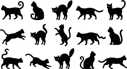 Obraz premium Set of halloween black cat animal cartoon illustration. Funny hand drawn witch cats collection on isolated background.