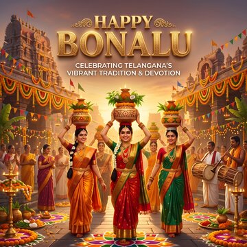 Happy bonalu festival celebration with women carrying traditional offerings at a hindu temple