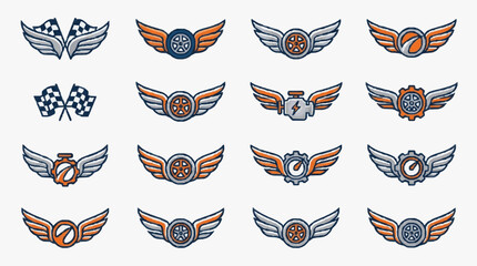 Obraz premium Corporate Racing and Aviation Themed Badges with Wings Checkered Flags Gears and Star Emblems in Orange Blue and Gray Color Schemes