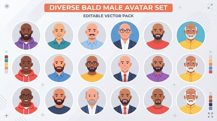 Fototapeta premium Diverse Bald Male Avatar Set for Professional Profile Icons and Web Design