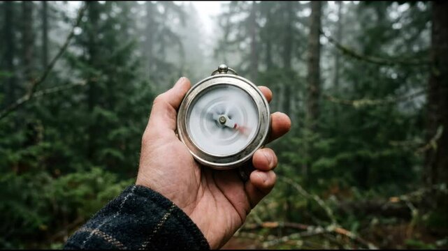 Man holding silver compass in foggy forest. Explorer searching for direction in woods. Navigation equipment for trekking, discovery and outdoor adventure concept.