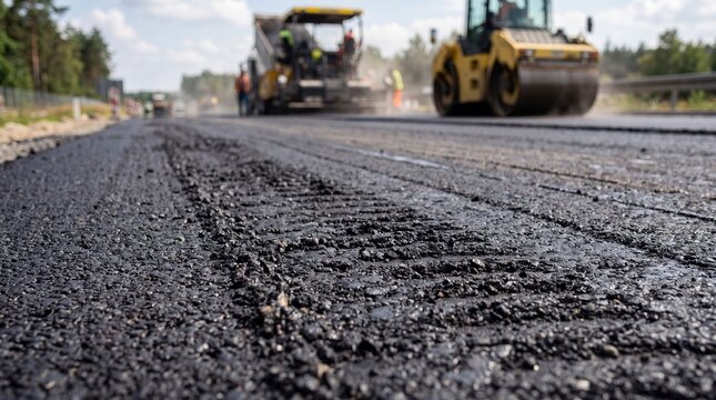 Road construction site with heavy machinery paving asphalt. Paver and steamroller working on highway maintenance, lane infrastructure development and industrial civil engineering project.