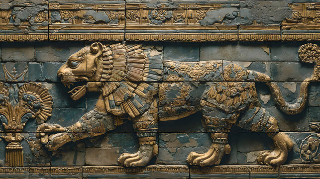 ishtar. Glazed brick relief of a lion against lapis lazuli blue background with gold accents, intricate patterns. event programs.