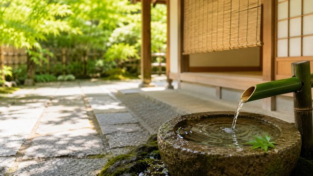 竹の水琴窟と青もみじが涼しげな夏の和の情景