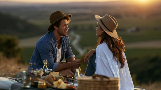 Young couple on a romantic picnic at sunset, sitting together and conversing in a beautiful valley with food and wine