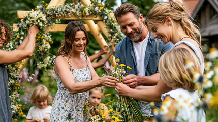Fototapeta premium Family and friends decorating a garden wedding arch with wildflowers, celebrating togetherness and preparing for a special event
