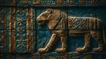 Fototapeta premium ishtar. Glazed brick relief of a lion against lapis lazuli blue background with gold accents, intricate patterns. event programs.