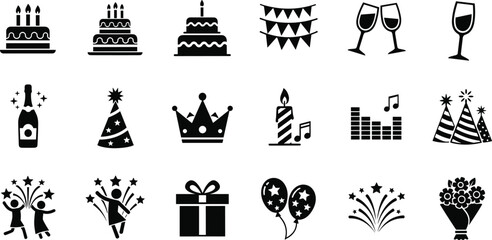 Naklejka premium Black silhouette icons of party and celebration elements including cake, wine, gifts, balloons, fireworks, and decorations