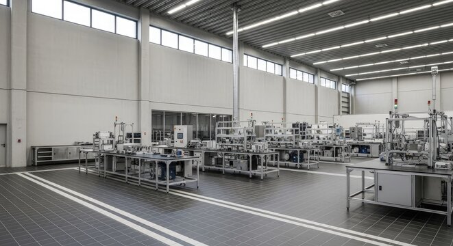 Modern industrial factory floor with automated production line.