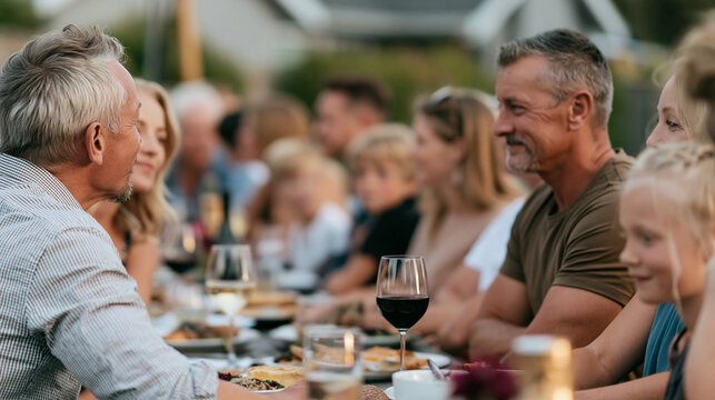 Diverse group of people enjoying outdoor dinner party, sharing conversation and meal, celebrating together