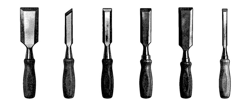 This series of images features various vector halftone chisels, essential tools used in artistic crafting, displayed in striking black and white for a modern aesthetic.