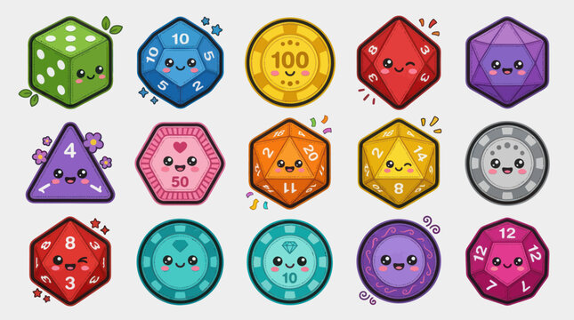 Game dice and chips with kawaii faces