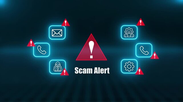 Cyber security warning animation with Scam alert and virus threat icons, digital protection and online safety interface concept.