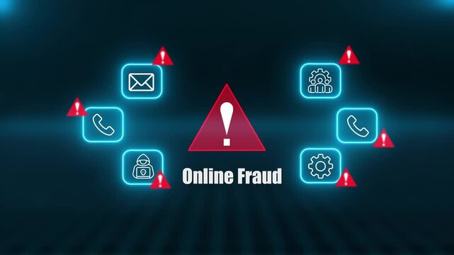 Glowing Neon Icons Representing Online Fraud Threats on Cyan grid bckground cyber security internet crime.4k vedio