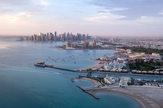 Doha Aerial view of West bay Doha during fog, hazy and mist weather in Qatar 	