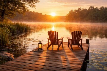 Naklejka premium Sunset Lake Dock Chairs Landscape