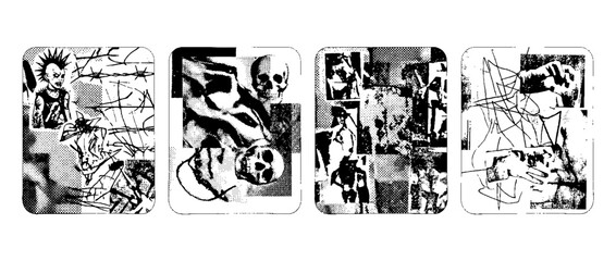 Fototapeta premium This image showcases striking halftone illustrations featuring abstract human figures intertwined with elements representing emotions and concepts of mortality and struggle.