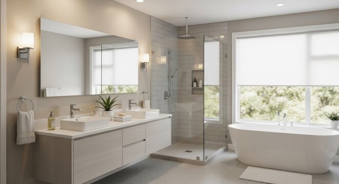 Modern residential bathroom features dual sinks, glass shower enclosure, and freestanding soaking tub near a large window