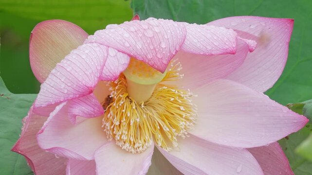 雨に濡れるハスとミツバチ