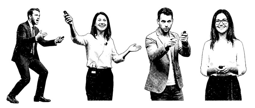 This image portrays dynamic public speaking scenes in halftone vectors, emphasizing engagement and charisma in modern communication settings.