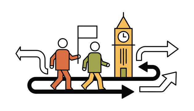 Two people walking past a landmark clock tower while following a route with direction arrows to find their way during a city sightseeing tour.