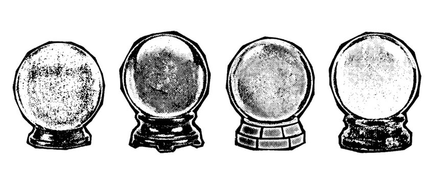 A visually striking collection of mystical crystal forms illustrated in halftone style, suitable for fantasy art and metaphysical projects.